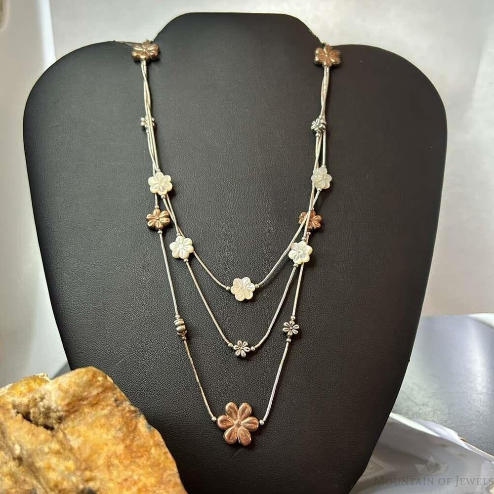 Carolyn Pollack Sterling Silver, Copper, Mop Flower 15"-18" Necklace For Women
